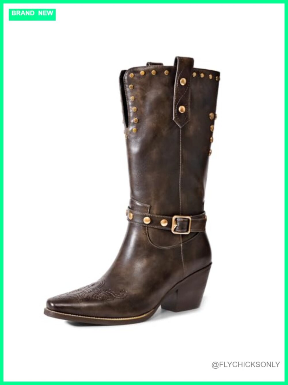 Womens Faux Leather Wide Calf Cowboy Boots Square Toe Block Heel Mid Calf